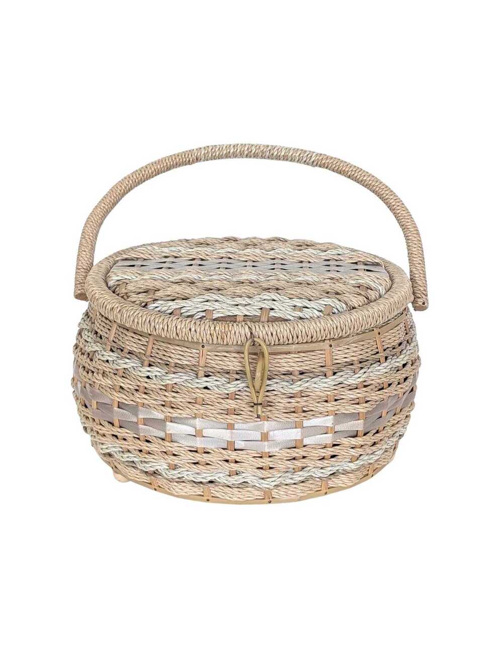Vintage Woven Wicker Sewing Box with Handle and Floral Lining